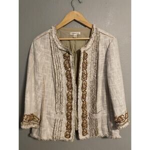 Coldwater Creek Jacket Womens W18 Cream Tweed Open Front Linen Blend Trim Fringe